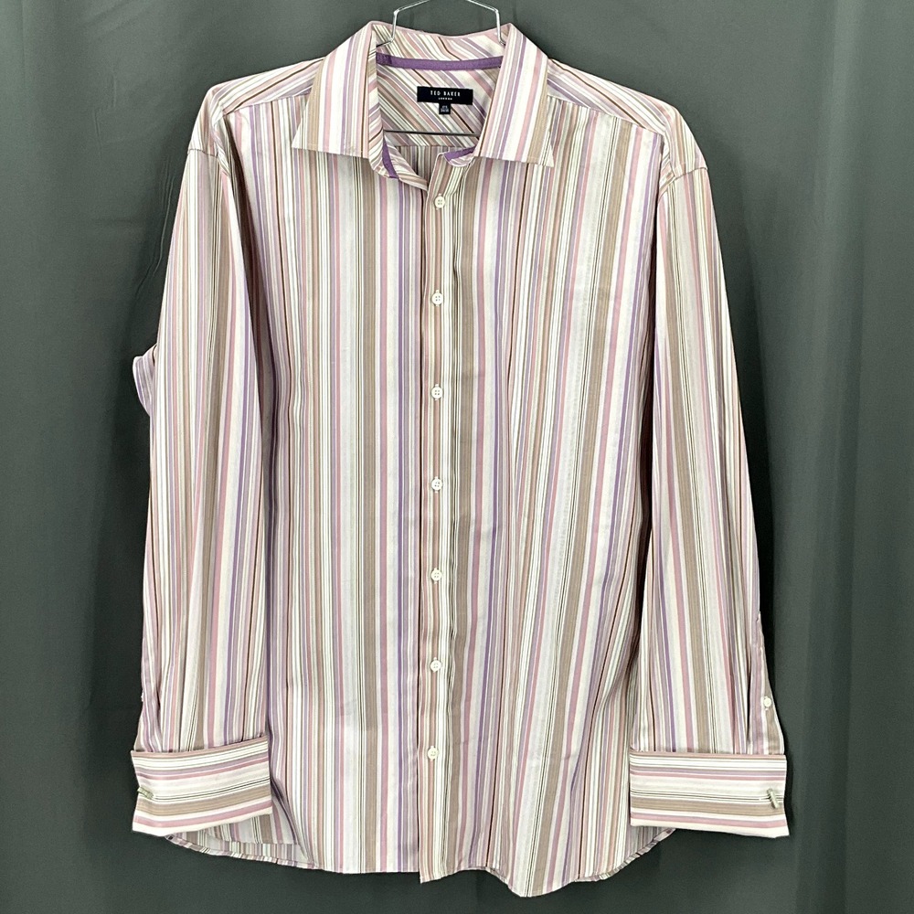 Ted Baker Shirt Mens 17.5 Cotton Multicolor Stripes Button Down Long Sleeve
